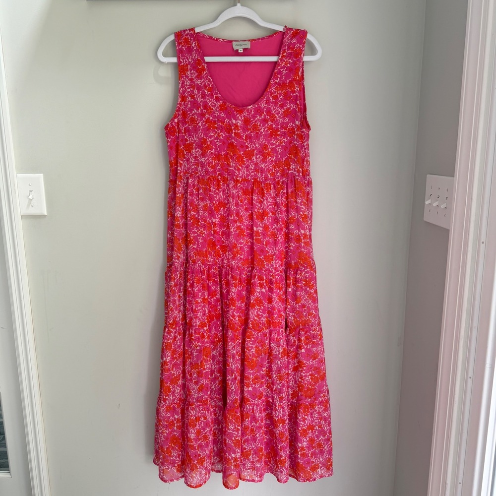 Choklate Paris Maxi Dress Fushia Pink Floral Sleeveless Tiered Skirt V-Neck SZ M